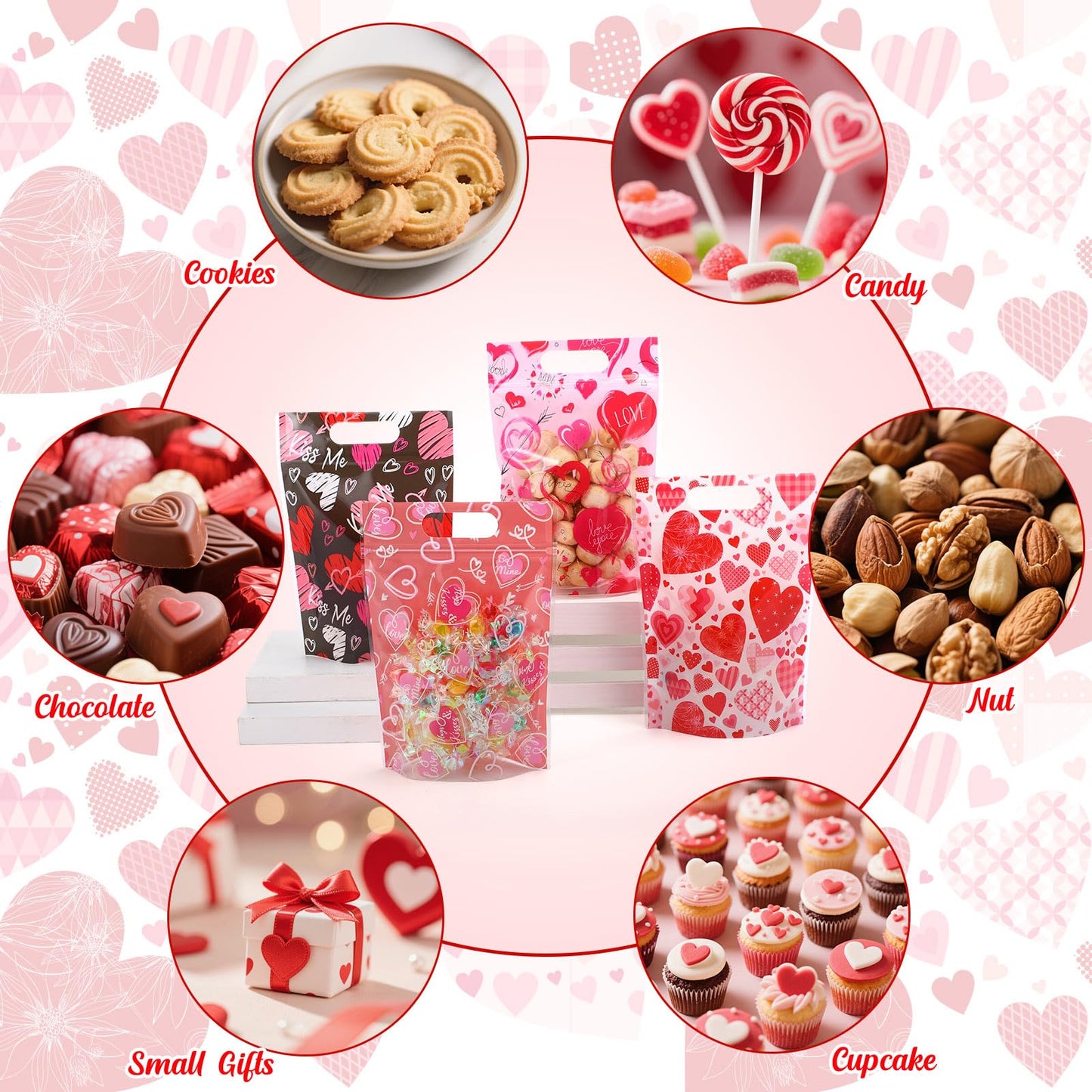 Pasimy 60 Pcs Valentine's Day Sealing Candy Bags with Zipper Love Heart Treat Goodie Bag Valentines Sealing Pouches with Handles Plastic for Valentines Party Favor Classroom Exchange Prizes Supplies