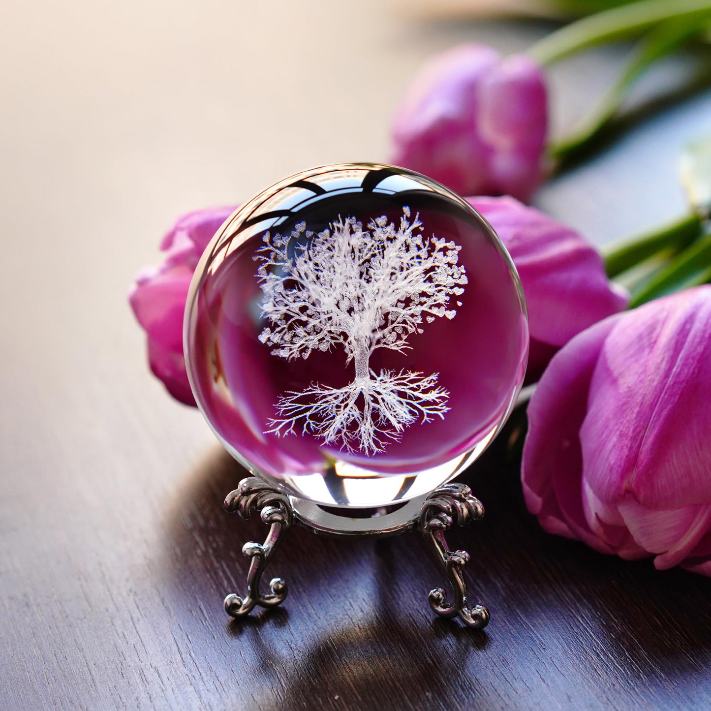 H&D Hyaline & Dora 70mm Tree of Life Clear Crystal Ball with Stand, K9 Glass Decorative Crystal Ball, 3D Laser Fengshui Home Decoration