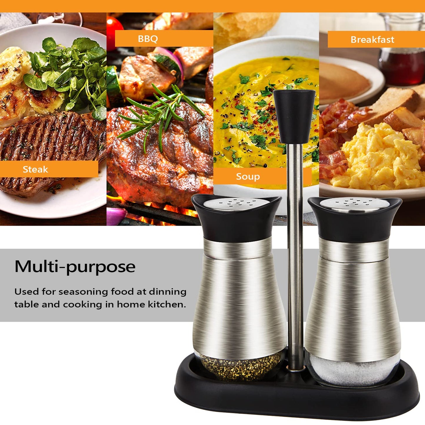 Evelyne 2-Piece Set Salt & Pepper Glass Shaker Stainless Steel Cover with Tray
