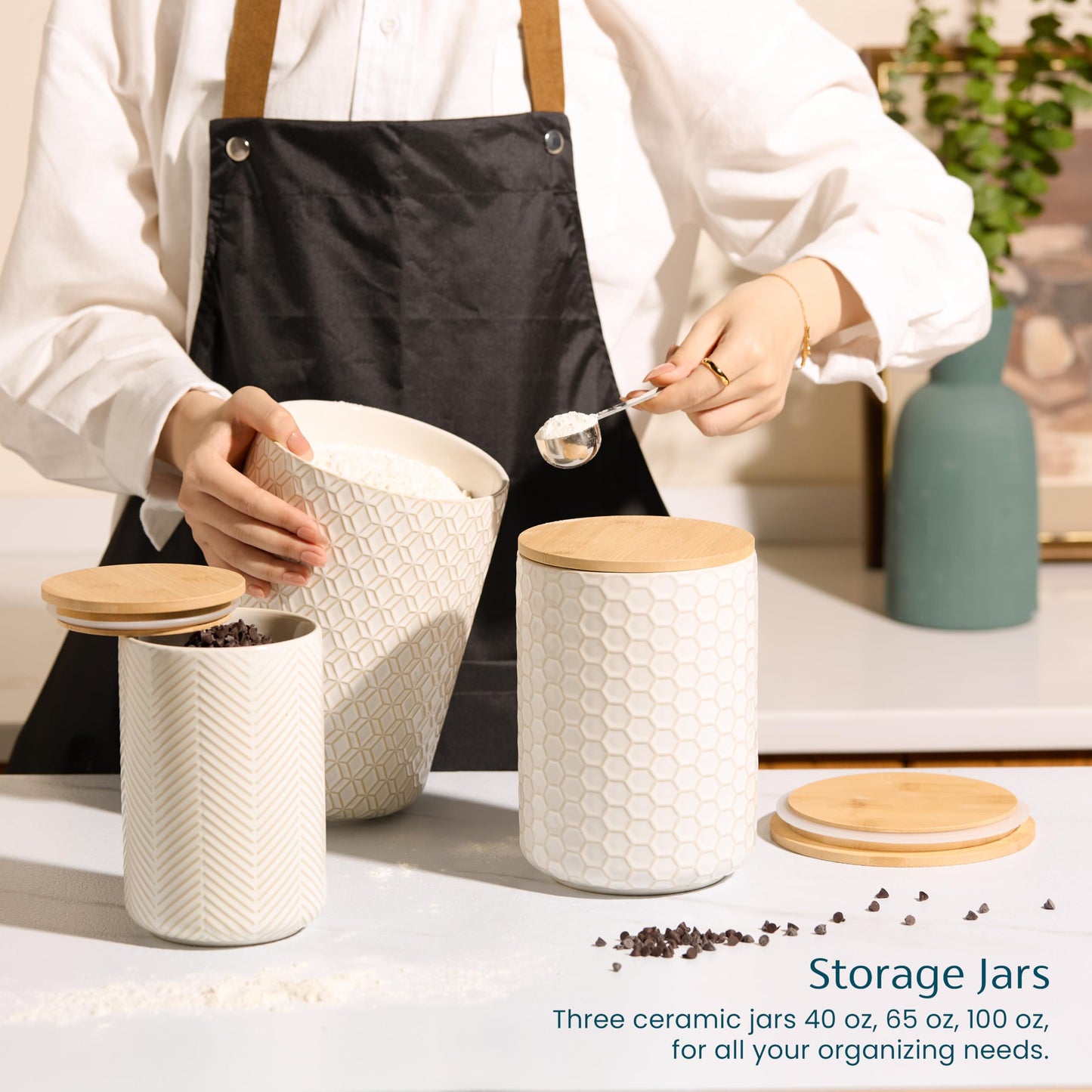 Kook Ceramic Storage Containers, Embossed Pantry & Bathroom Canisters with Airtight Bamboo Lids, Dishwasher Safe Stoneware Jars (40, 65, 100 oz), Set of 3, Narbonne Collection (Ivory)