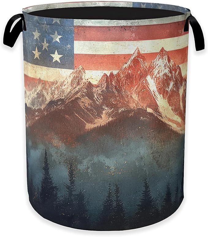Vintage American Flag Laundry Hamper, Forest Mountain Clothes Hamper