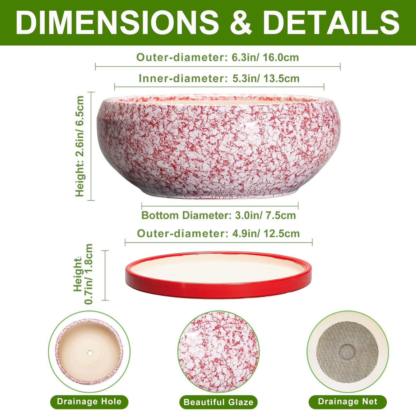 EPFamily Bonsai Pots Small - 6 Inch Ceramic Succulent Pots with Drainage Hole and Ceramic Saucer, Succulent Planters Indoor Outdoor, Shallow Round Planter, Apartment Decor, Housewarming Gifts, Red