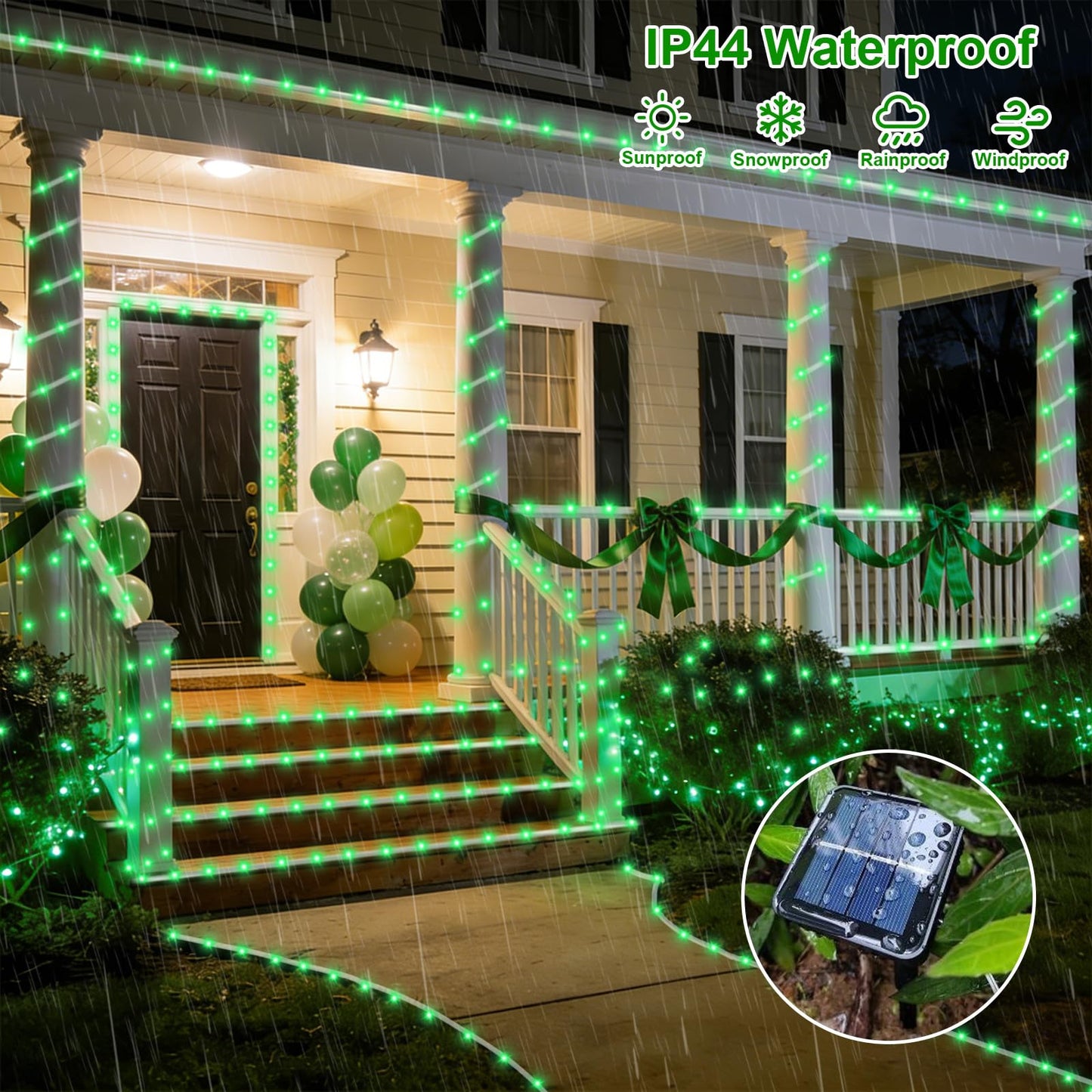QITONG 2 Pack Green Solar Rope Lights, Each 33ft 100 LED String Lights Outdoor, 8 Modes Fairy Lights in Clear PVC Tube