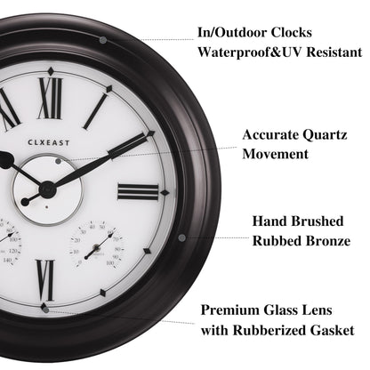 CLXEAST Illuminated Outdoor Indoor Metal Clocks Waterproof 24 inch, Oil Rubbed Bronze Black,Oversized Large Outdoor Roman Numeral Wall Clock with Thermometer & Hygrometer