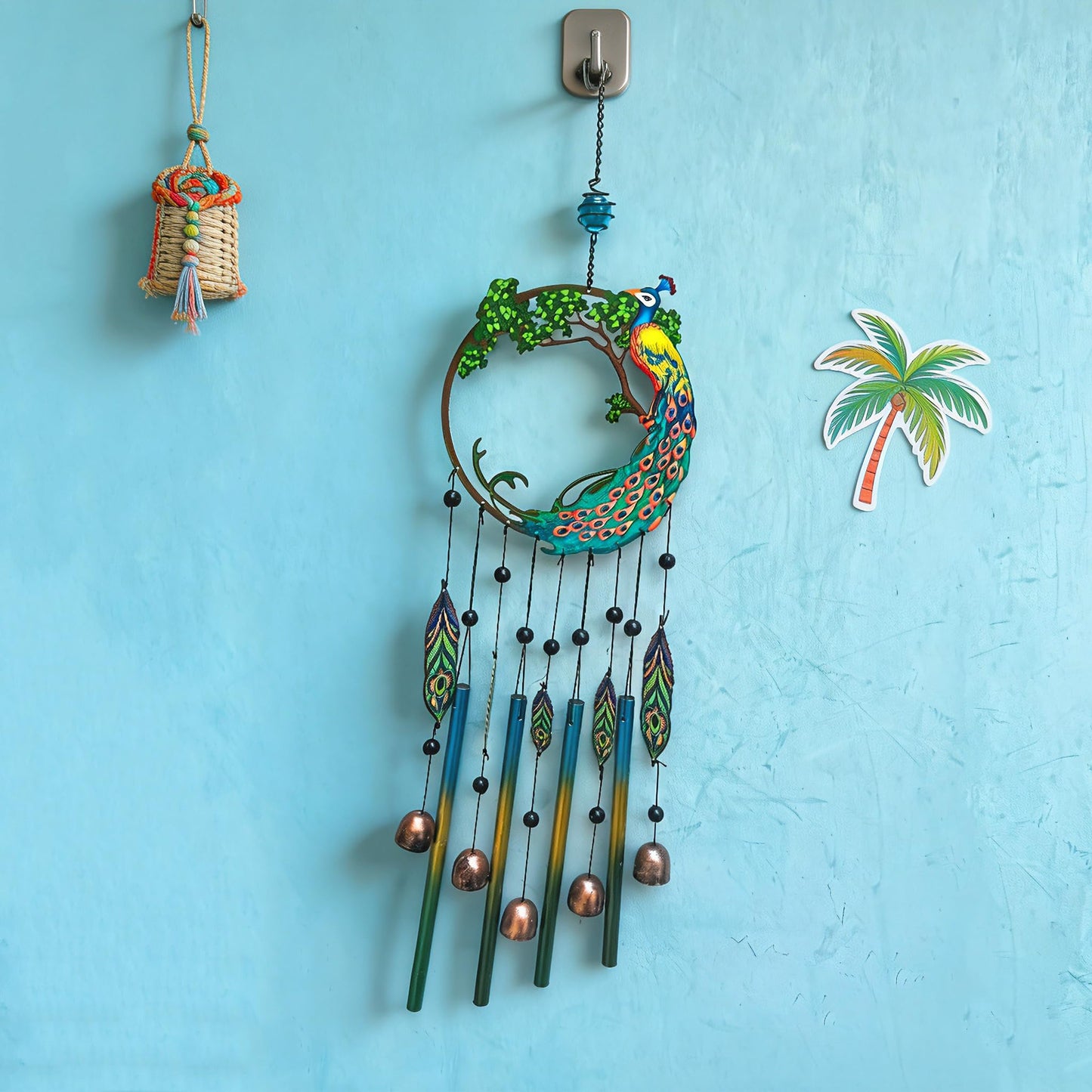 Peacock Dream Catchers Windchimes with Copper Bells 28" Peacock Wind Chimes for Zen Atmosphere Outdoor Garden Decor Unique Peacock Gift Home Decor