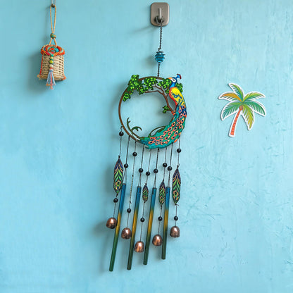 Peacock Dream Catchers Windchimes with Copper Bells 28" Peacock Wind Chimes for Zen Atmosphere Outdoor Garden Decor Unique Peacock Gift Home Decor
