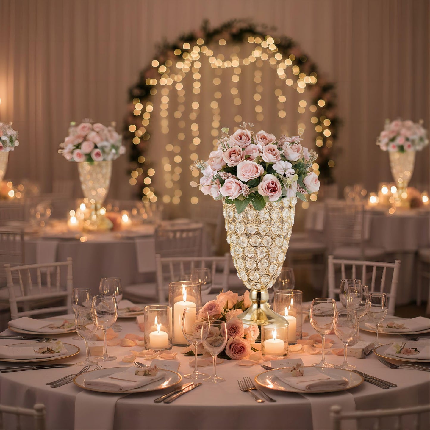 Gold Crystal Trumpet Floral Vase -2 Pcs Centerpieces for Wedding Table, 10.6" Wrought Iron Crystal Vase, Flower Vases for Party Dinner Centerpiece Event, Anniversary Ceremony Birthday Home Decoration