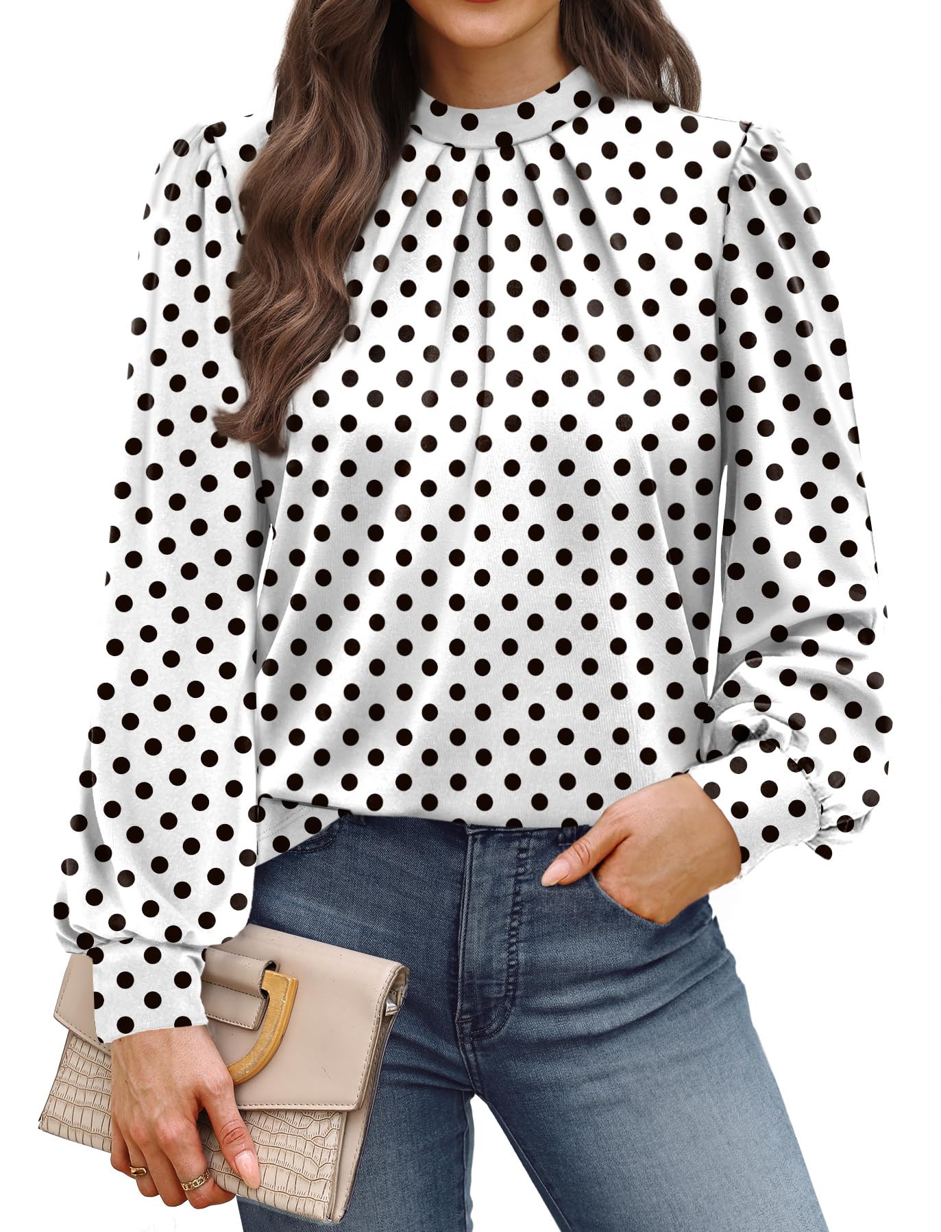 WIHOLL Long Sleeve Shirts for Women Mock Neck Tops Pleated Front Blouses Dressy Casual Fall Clothes 2025 Fashion