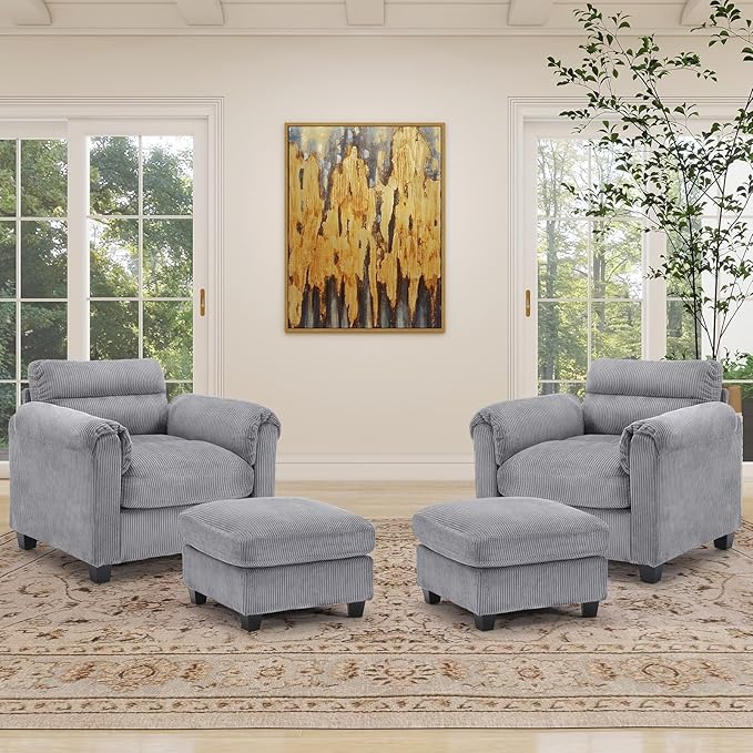 HAOMARKETS Corduroy 4-Piece Sofa Set, Upholstered Ottoman Set of 2 and Accent