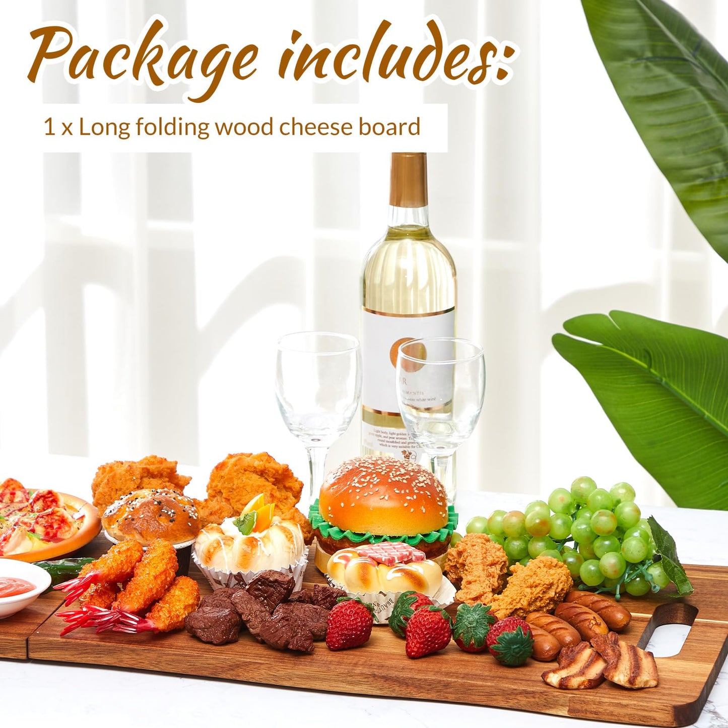 FoldTier Large Acacia Charcuterie Board with Handles 36 x 12 Inch Christmas Extra Large Wood Foldable Serving Tray Rectangular Appetizers Cheese Food Meat Board for New Home Party Housewarming Gifts