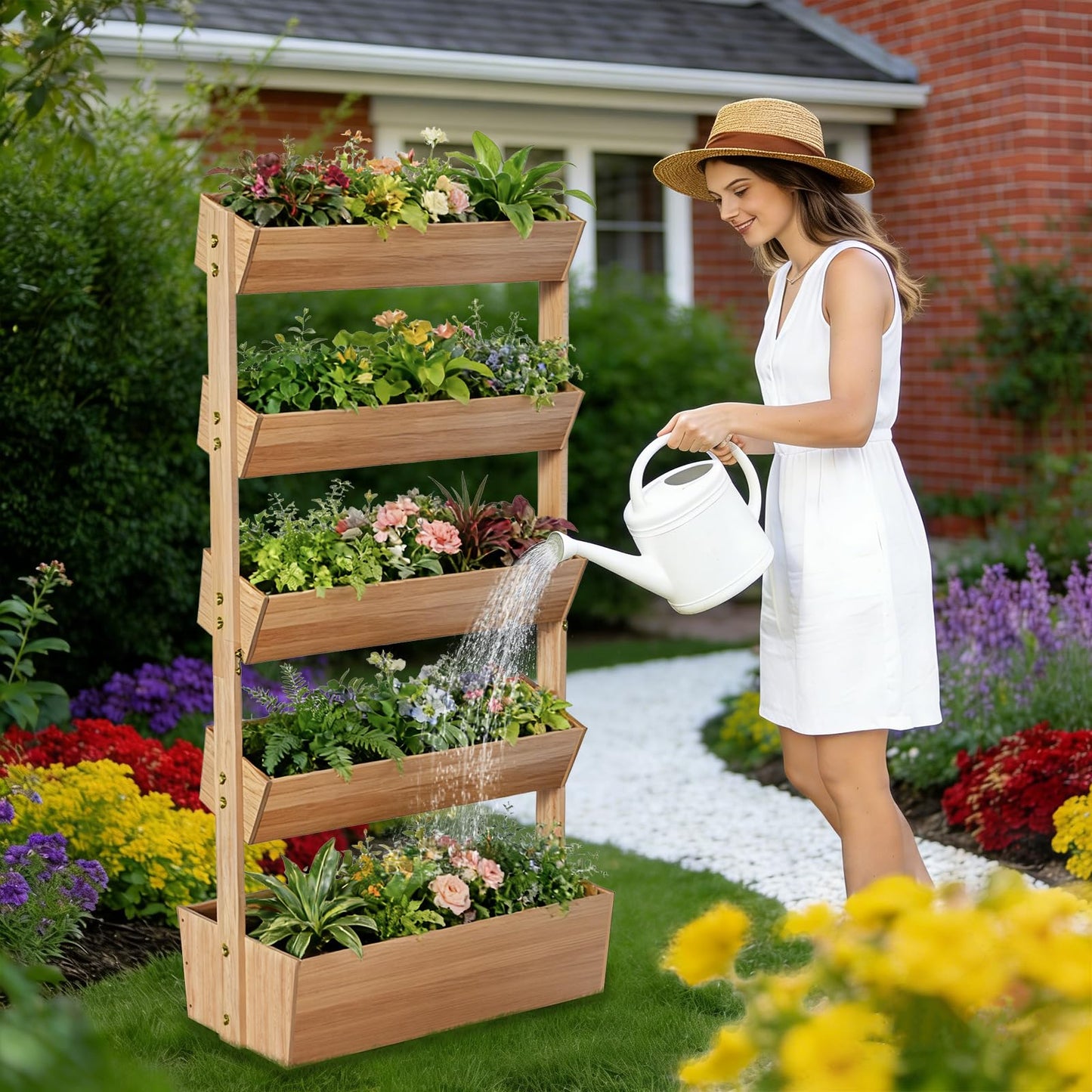 Baotree 5 Tiers Vertical Wooden Raised Garden Bed, Tiered Standing Garden Planters Outdoor, Garden Tower Wooden Planter Box for Planting Herbs Flowers Vegetables Indoor Outdoor Gardening