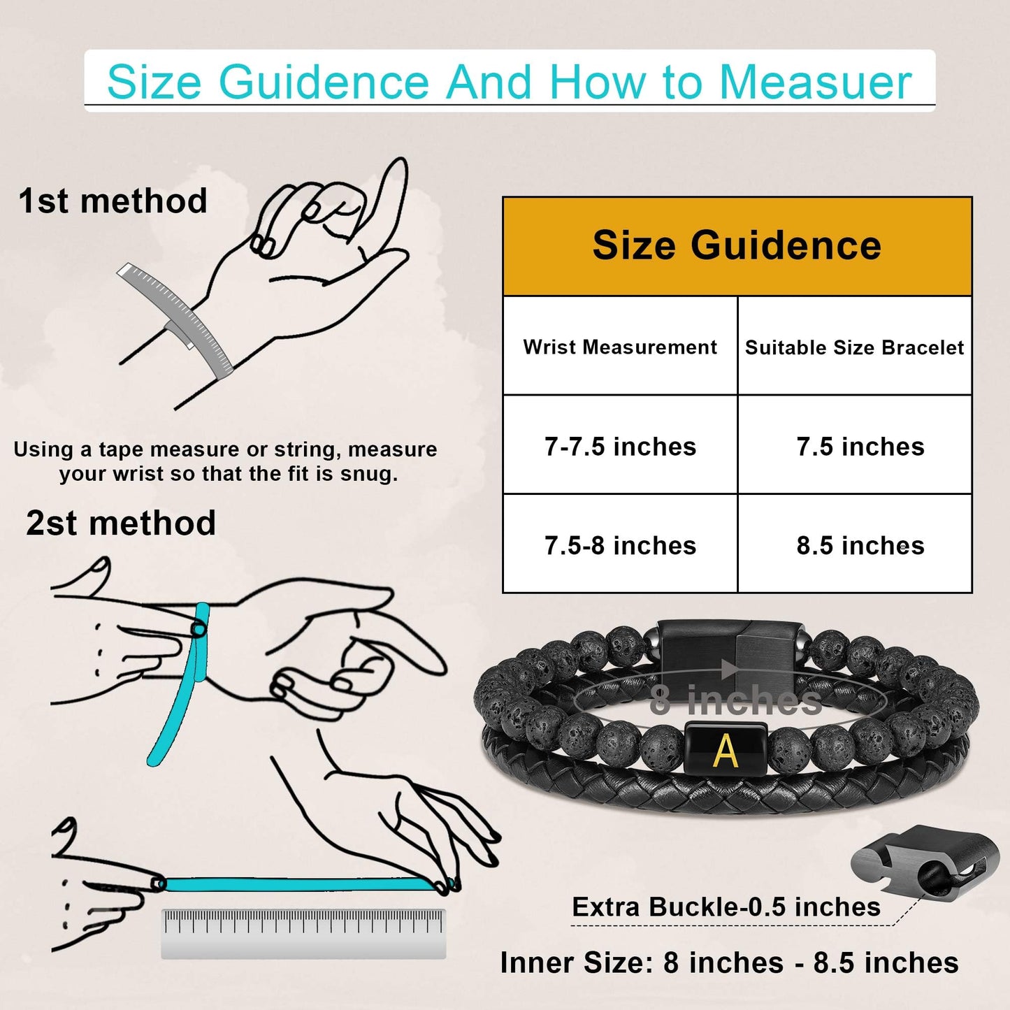 Mens Leather Bracelet with Initial - Men Gift Lava Rock Bead Magnetic Clasp Black Leather Bracelets Mens Gifts Men Bracelets with Initial U Bracelet for Men's Jewelry Men's Gifts for Dad Husband Him