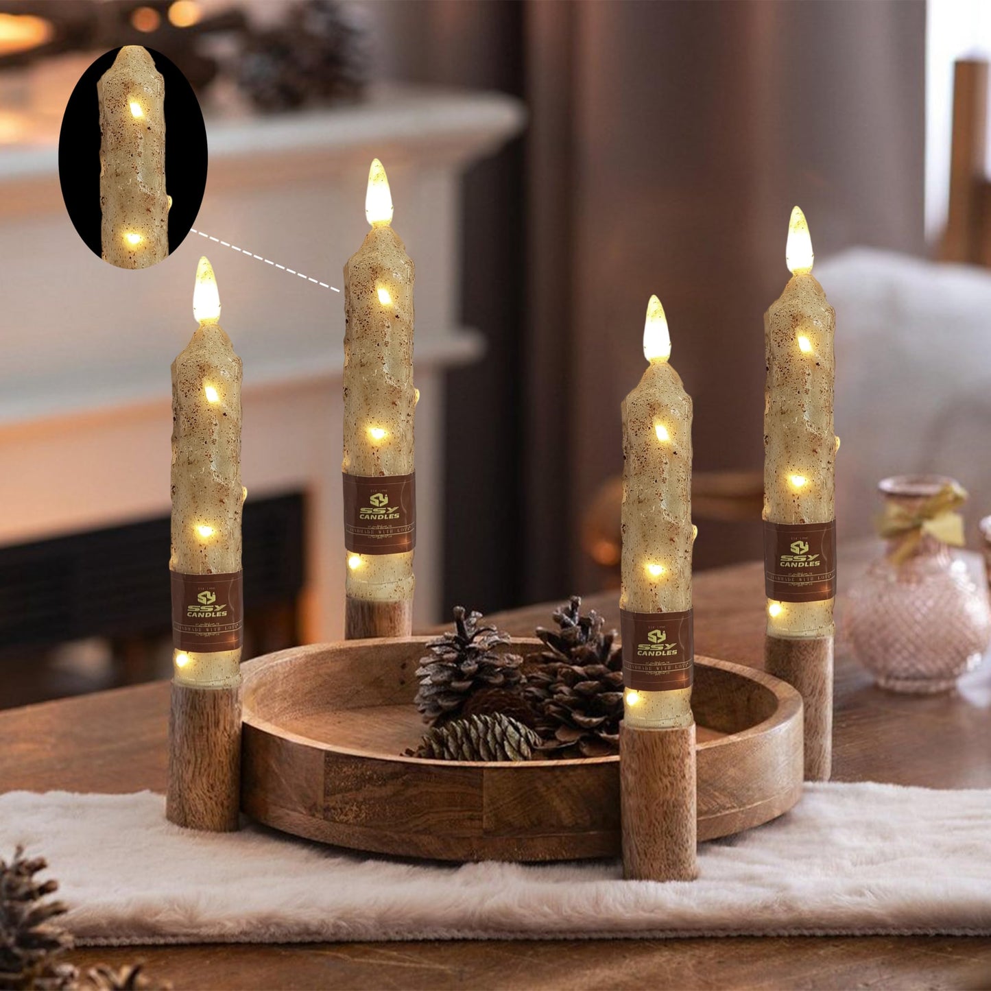 6.5 inch Natural Wood Color Flameless Taper Candles LED Flickering with 10-Key Remote, Battery Operated Led Warm 3D Wick Light Window Candles Real Wax Pack of 4, Christmas Home Wedding Decor