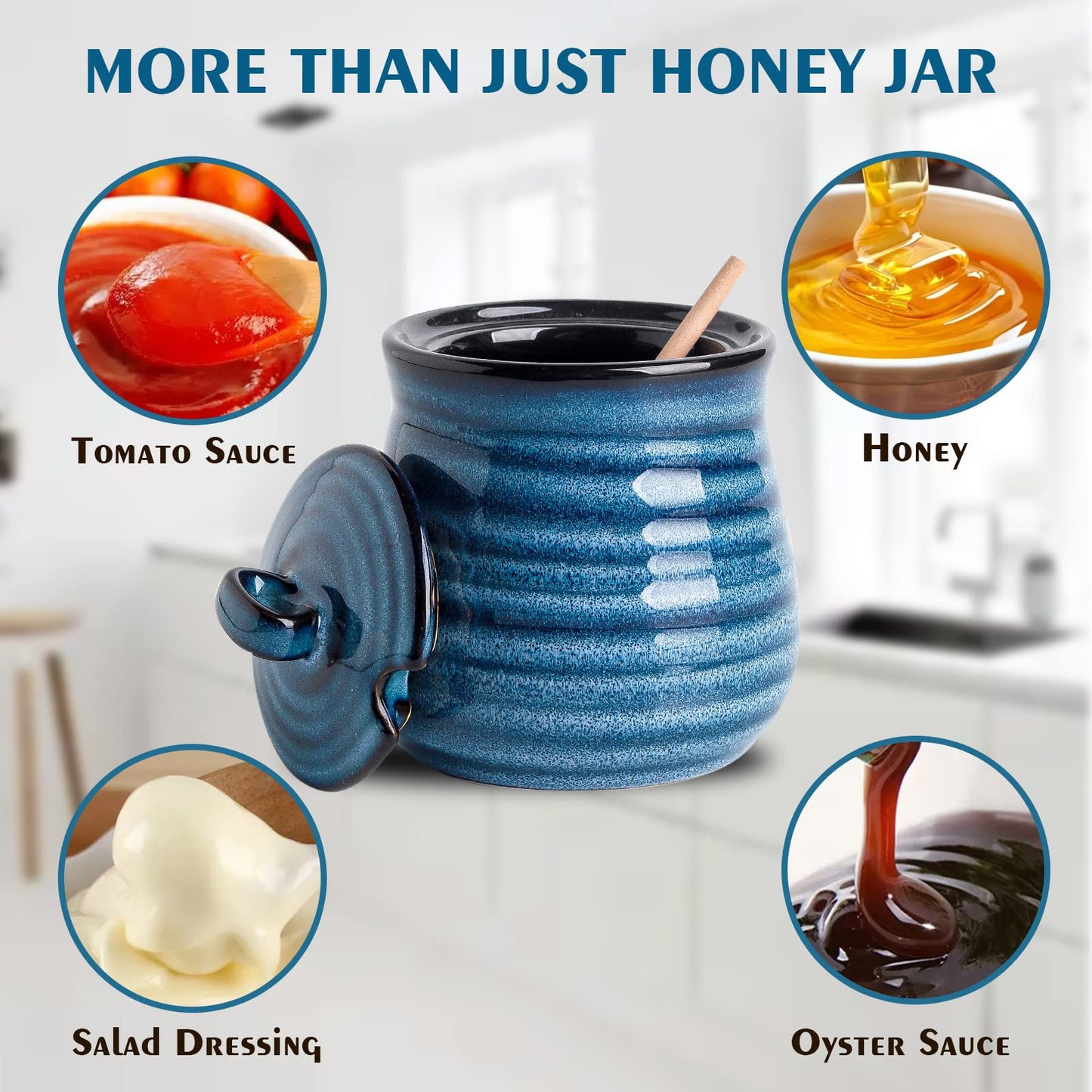 Hasense Cermaic Salt and Pepper Shakers and 12 Ounce Honey Jar, 3 PCS, Blue