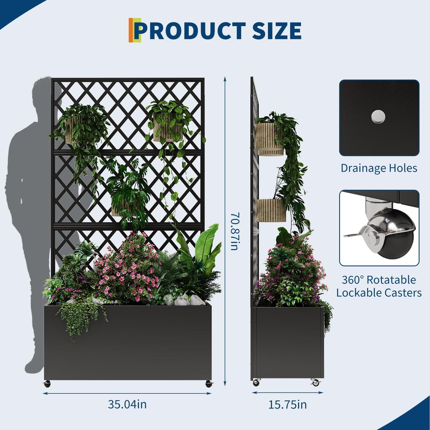 Garvee Galvanized Raised Garden Bed with Trellis, 71"X35.04"X16" Planter Box with Lockable Wheels, Drainage Holes & Privacy Screen for Vegetables, Vines on Patio, Deck, Yard, Black