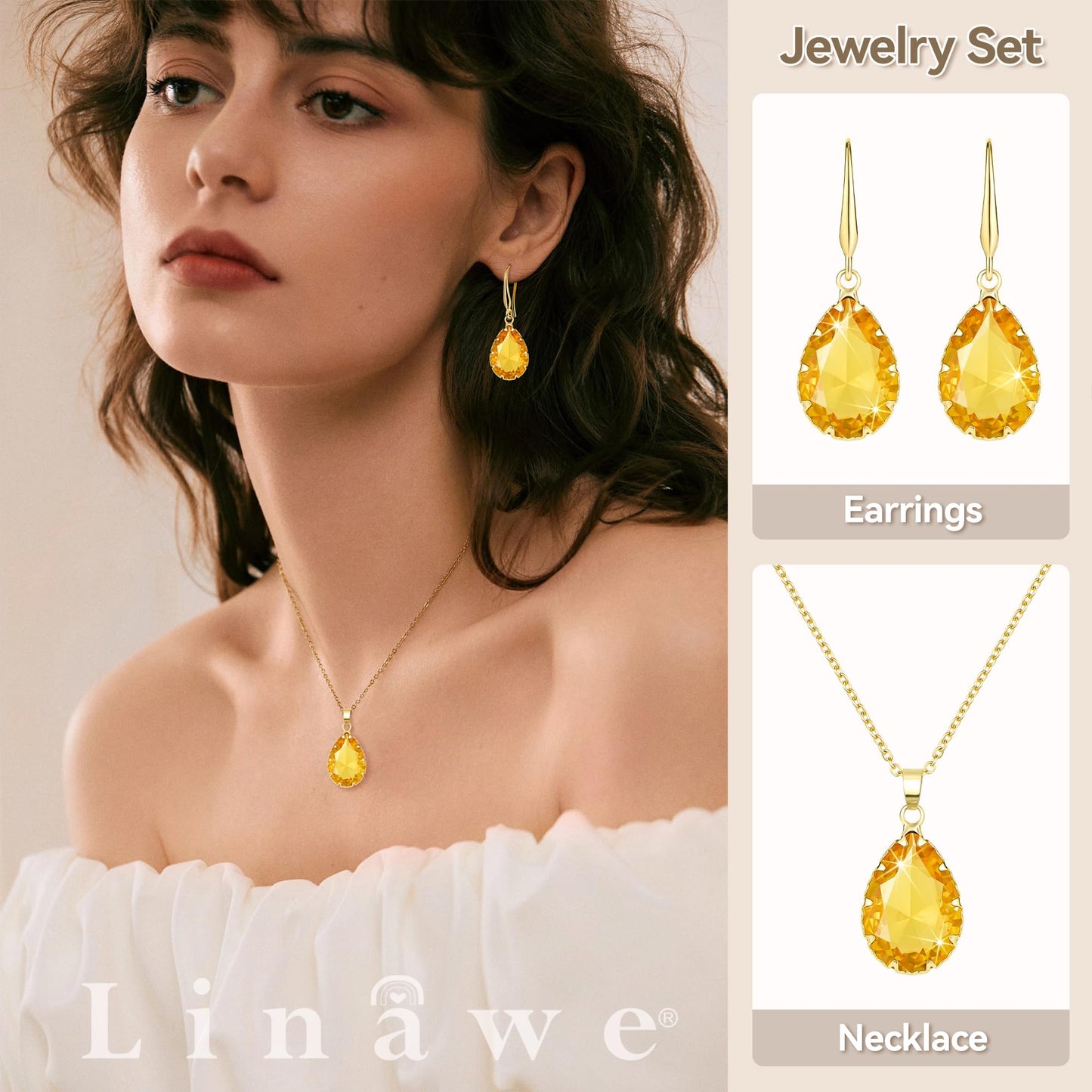 Linawe Yellow Jewelry Sets for Women, KC Imitation Gold Plated Pendant Necklace and Earrings Set, Imitation Diamond Fake Birthstone Crystal Rhinestone Teardrop Costume Jewelry for Women Sets