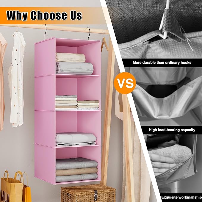 Hanging Closet Organizer, Easy Mount Foldable 4-Shelf Hanging Closet Wardrobe