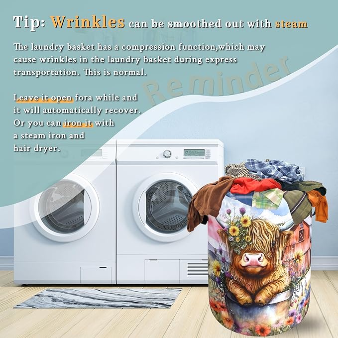 Highland Cow Laundry Basket Floral Farm Foldable Funny Laundry Hamper Oxford