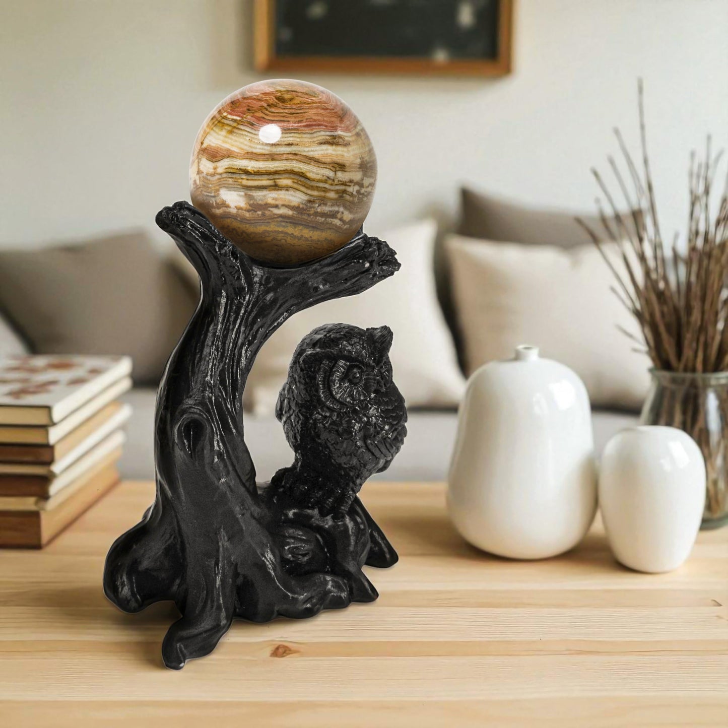 KH866 Owl Sphere Holder Crystal Stand Ball Resin Display – 4.92''x4.06'' Natural Quartz Wood Base Figurine, Stable Desktop Decoration for Bedroom, Office, Living Room, Study – Crystal Ball Decor Gift