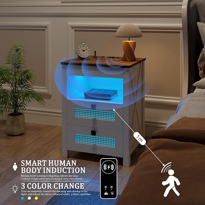 FREDEES Nightstand Set 2 with Gun Drawer, Bed Side Table with Charging Station