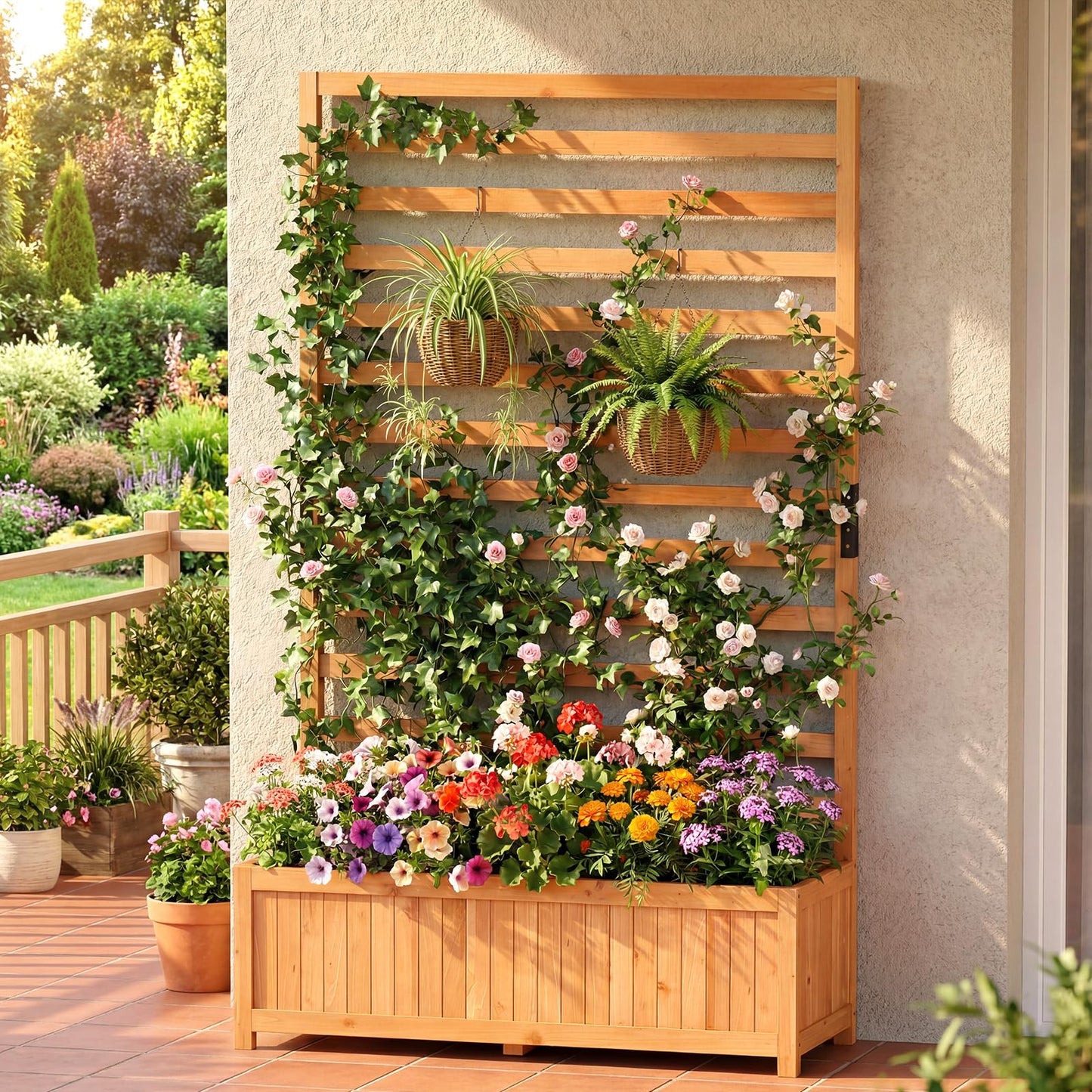 Giantex Set of 2 Raised Garden Bed with Trellis, 59” Tall Planter Box with Liner, Drainage Gaps for Climbing Vine Vegetable Flower, Indoor Outdoor Freestanding Privacy Screen for Porch Patio Yard