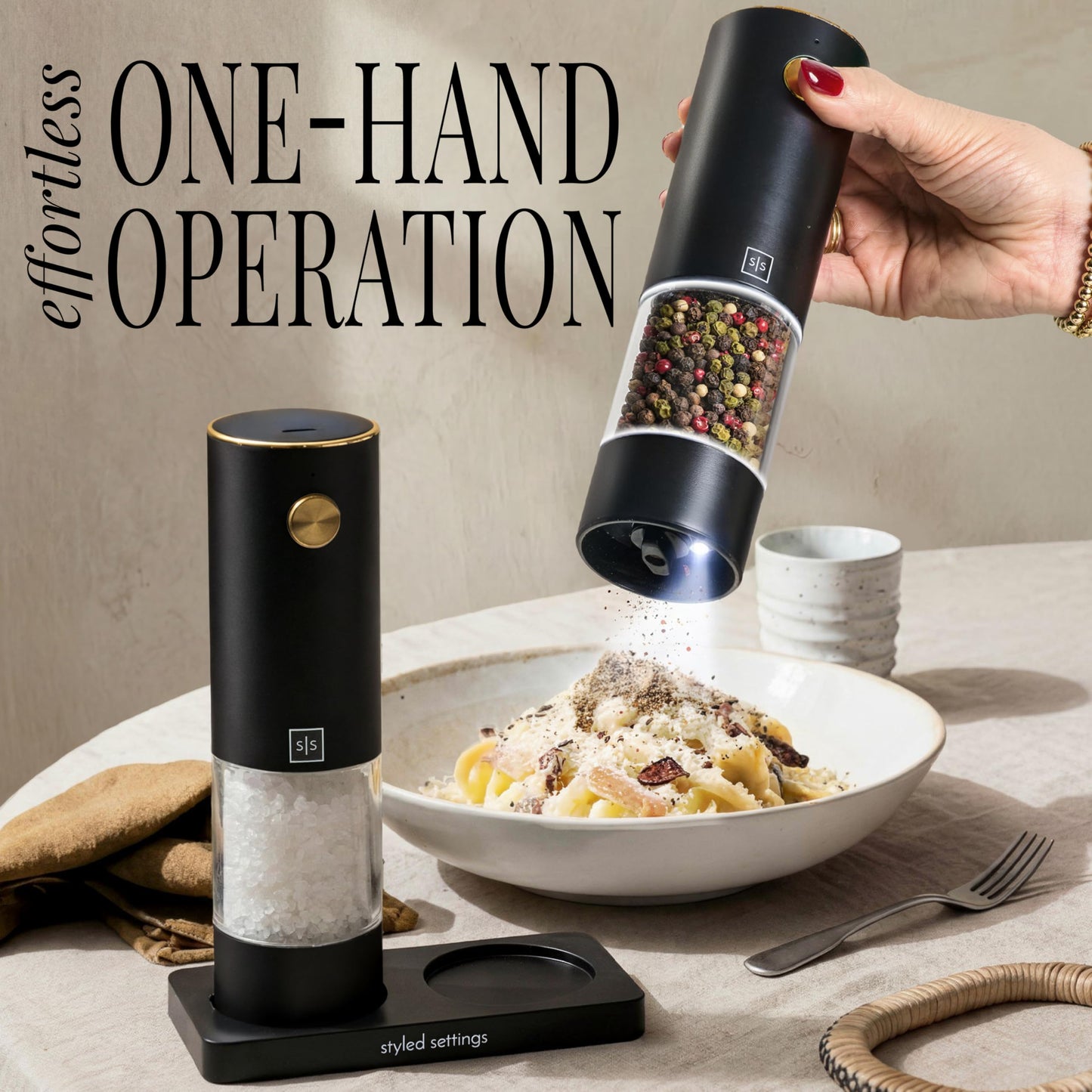 Electric Salt and Pepper Grinder Set Rechargeable – Black and Gold Salt and Pepper Shakers with USB-C Charging, Adjustable Grind, LED Light, One Touch Control, Stainless Steel Body