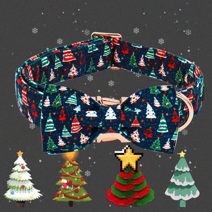 Elegant little tail Christmas Dog Collar, Christmas Tree Pet Collars Bow Red Metal Buckle Collar Puppy Girl Boy Holiday Cotton Soft Bowtie Adjustable Dog Collar for Large Dogs