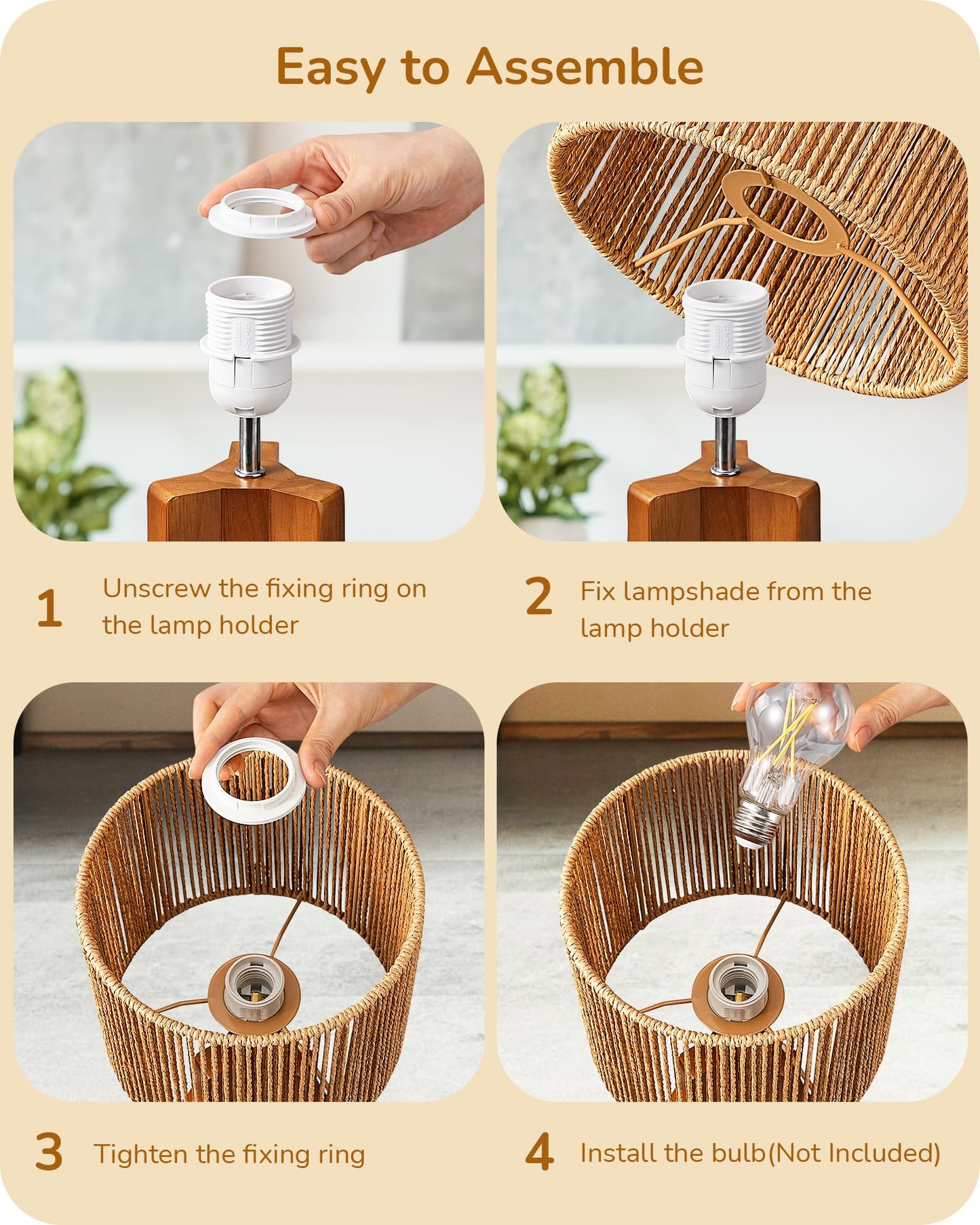 EDISHINE Small Table Lamp, Rose Wood Tripod Nightstand Lamp, Handwoven Paper Rope Shade, 14.6" Rattan Bedside Lamp for Bedroom Living Room, Office, On-Off Line Switch, E26 Base(Bulb Not Included)