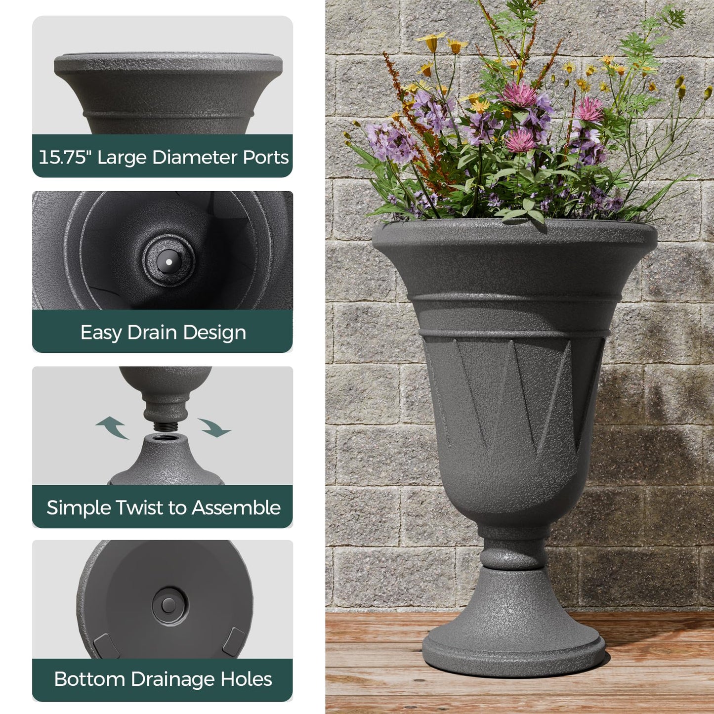 Trygoal 23.6" Tall Plastic Urn Planters for Outdoor Plants, Set of 2 Heavy-Duty Classic Indoor Large Flower Pots with Drainage Holes & Trophy Design, Outdoor Planters for Porch, Home Garden, Dark Grey
