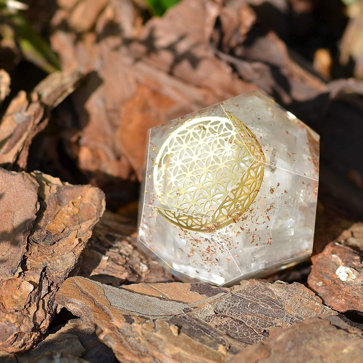 Orgonite Crystal Selenite Dodecahedron - Orgone Energy Generator Healing Chakra Stone with Flower of Life Design for Spiritual Balance, Meditation, Yoga, Reiki, Office and Home Décor