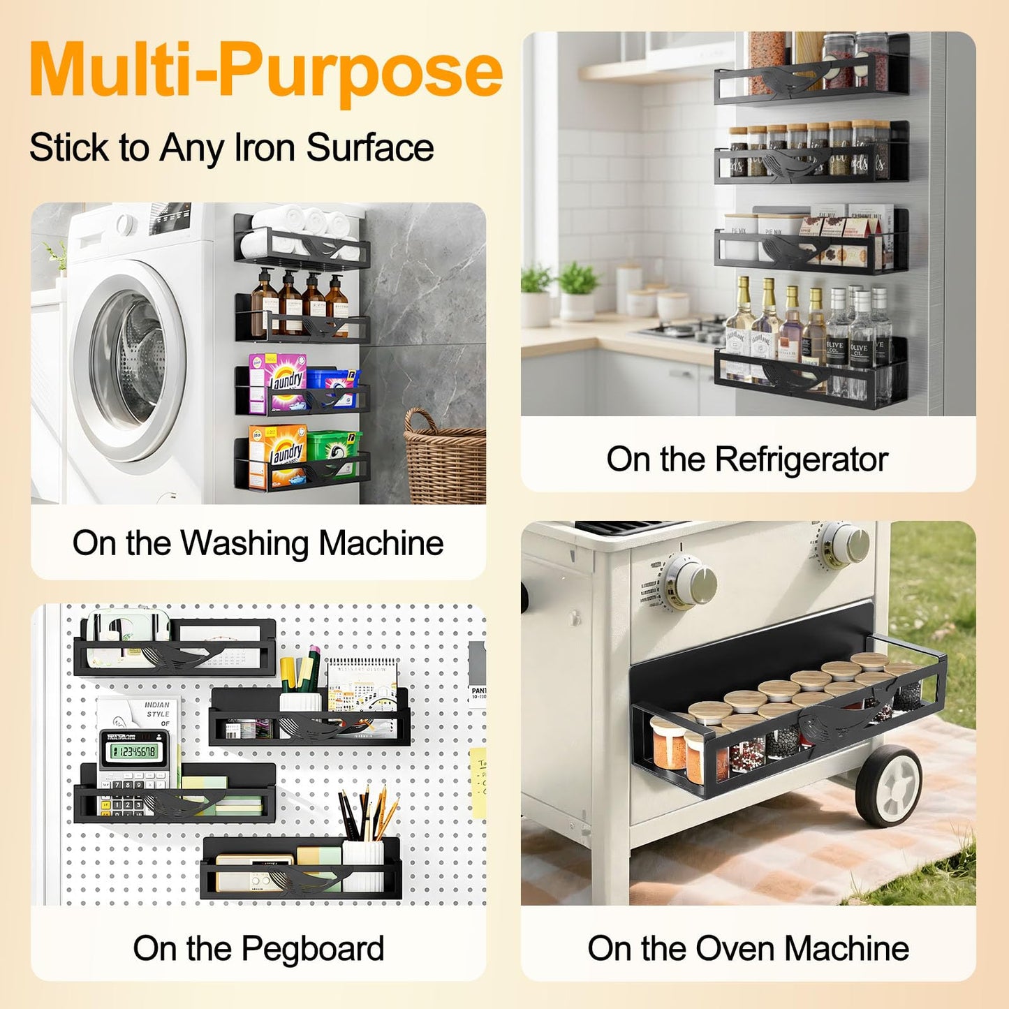 AURIKAR Magnetic Spice Rack for Refrigerator, 4-Pack Metal Seasoning Organizer for Kitchen Storage Organization, Magnetic Shelf for Fridge Space Saving Spice Organizer, Black