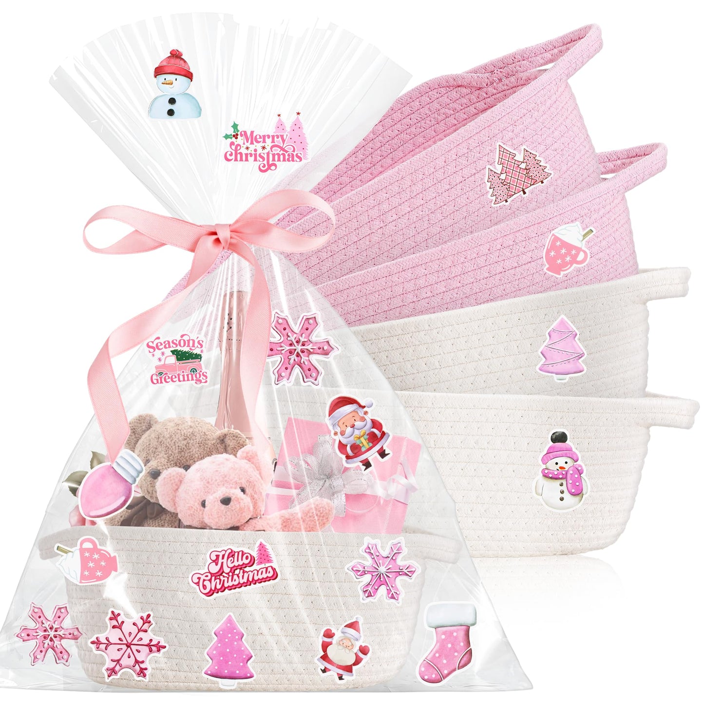 4pcs Valentines Day Gift Basket Empty, Pink Woven Basket with Handles, Decorative Rope Woven Storage Basket Valentines Gift Baskets with Gift Bags Sticker and Ribbons for Empty Decorative Gift Box