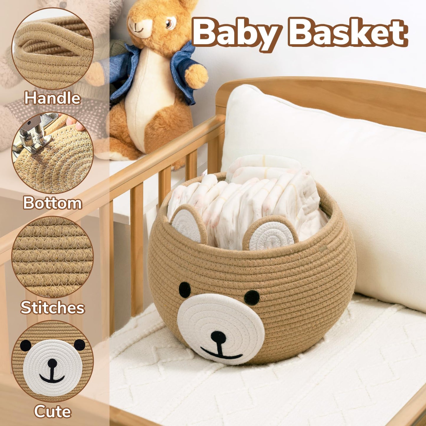 CherryNow Cotton Rope Baby Basket for Nursery, Bear Gift Baskets for Kids, Empty Baby Shower Basket with Handles, Small Cute Animal Baskets, Brown, 10.5"D x 8.5"H