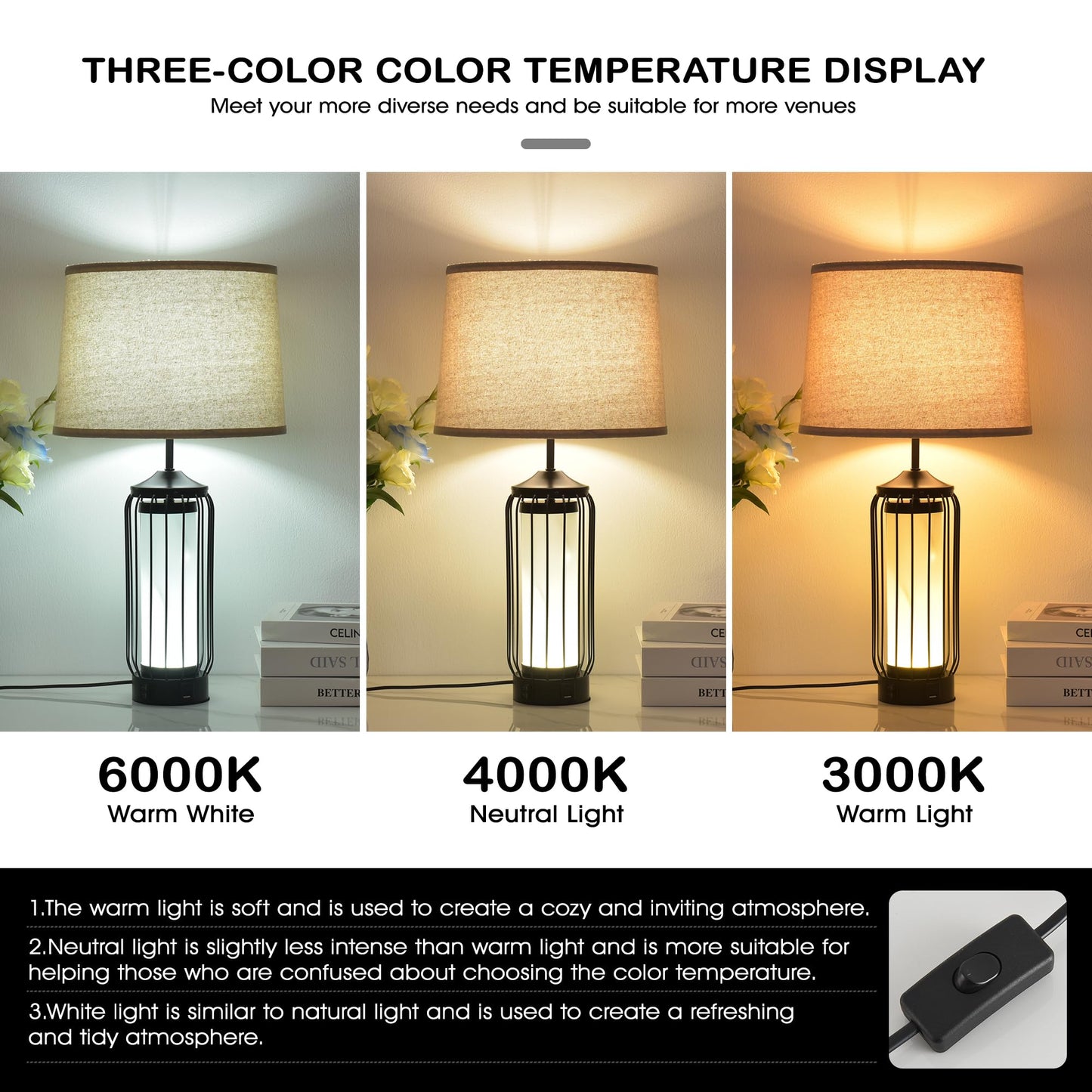 WELAISA-2 Pack Farmhouse Table Lamps for Living Room, Rustic Nightstand Lamp for Bedroom with USB A+C Charging Ports, Frosted Glass Bedside Lamp with Night Light for Entryway End Table