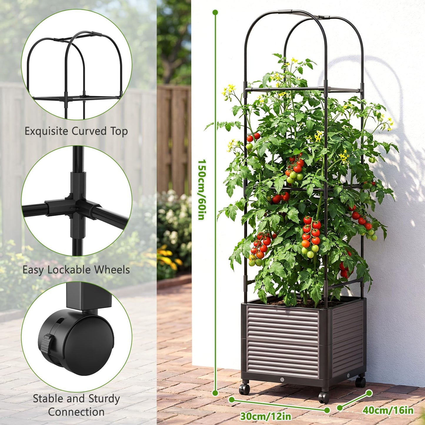 DoCred 60" H Raised Garden Bed Planter Box with Wheels, Tomato Cage Planter Raised Garden Bed with Trellis for Climbing Vegetables Plants Tomato Cage, Indoor Outdoor Use