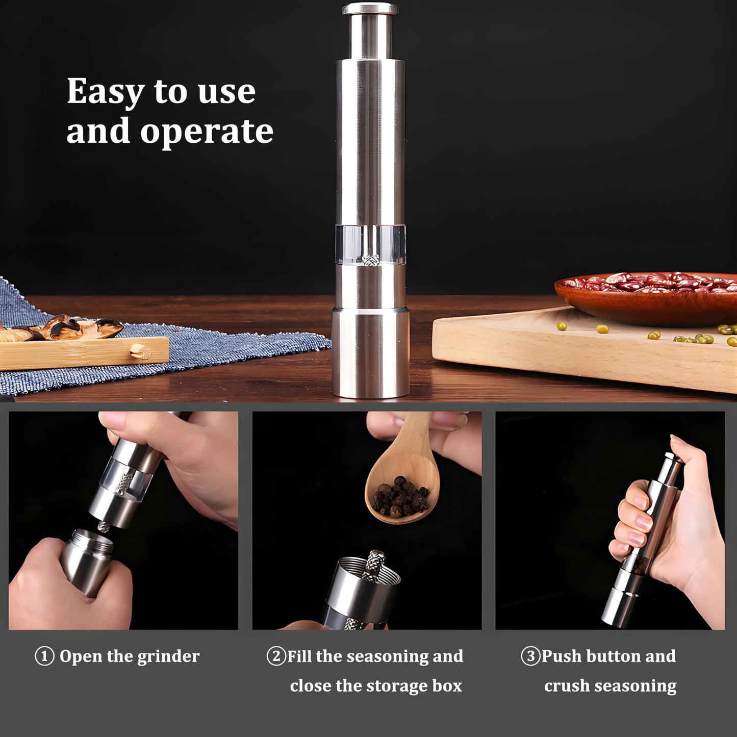 One handed seasoning spice mill gadgets, push button salt and pepper grinder, Solid Stainless, 1 Pcs or Buy more, silver