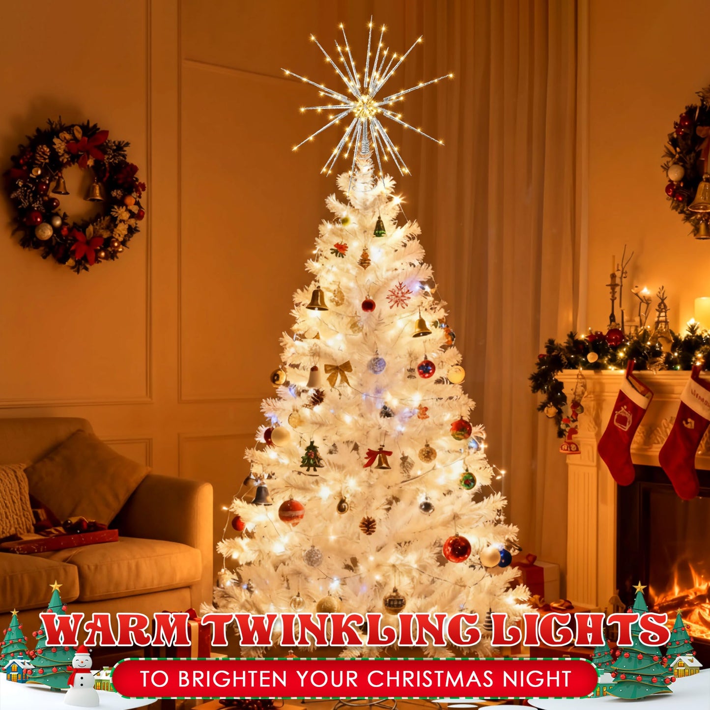 Meonum 16in Christmas Tree Topper with LED Light - 25 of 100 Lights Twinkle, Christmas Star Tree Topper for Holiday Decor, Universal Size, Lightweight and Easy to Install(Silver, 16inch)