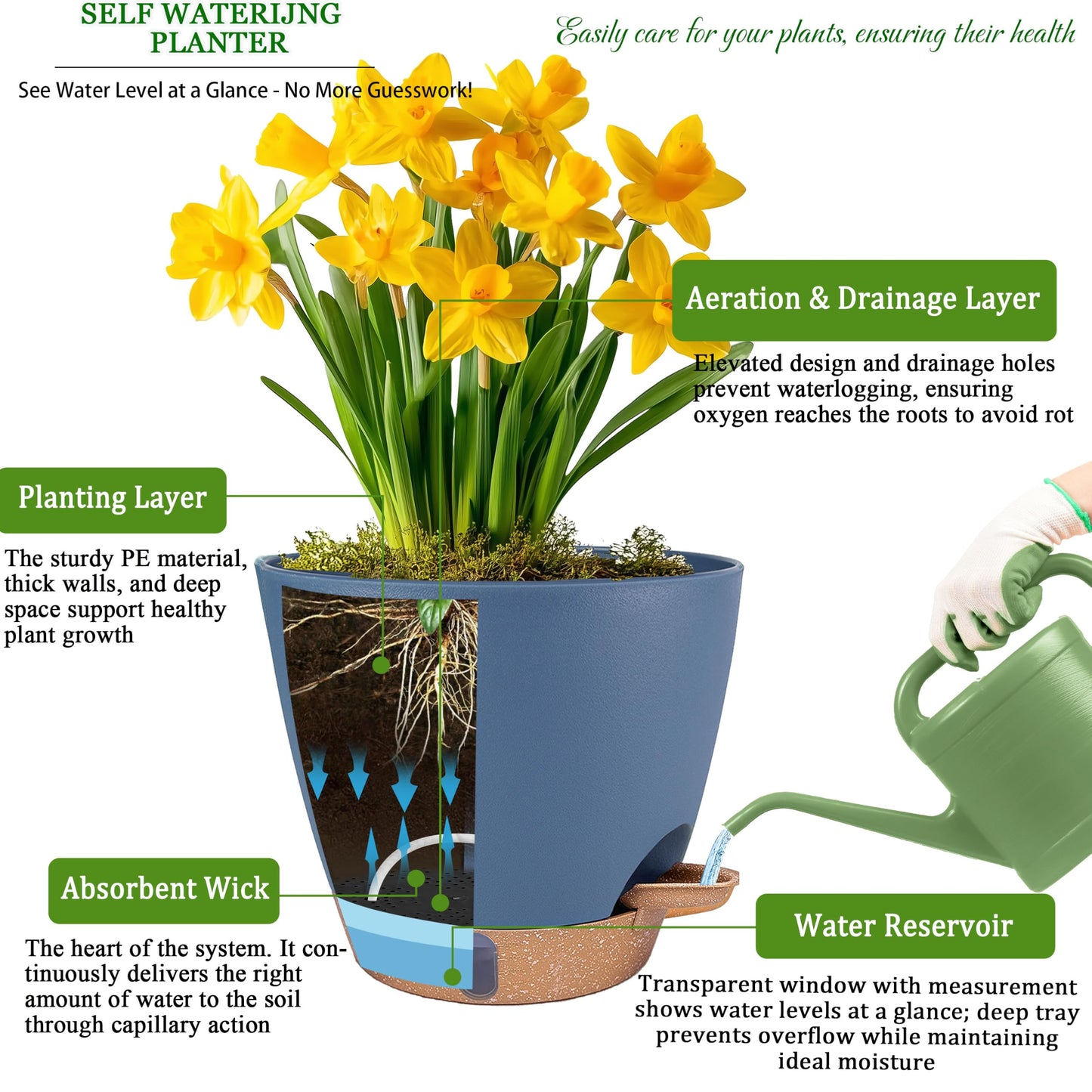 Self Watering Pots for Inoor Ourdoor Plants 8/7/6.5/6/5 Inch Plastic Planters with Drainage Holes & Water Level Indicator, Decorative House Flower Nursery Planting Pots with Saucers (Navy Blue)
