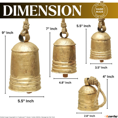 Set of 4 Rustic Metal Christmas Bells Large Hanging Brass-Gold Cowbells with Jute Rope | Farmhouse Wall, Porch & Holiday Decor