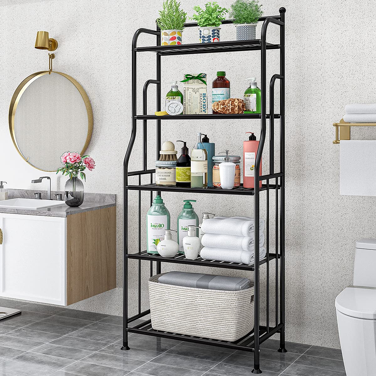 TIE-DailyNec 5 Tier Metal Plant Stand Iron Flower Pots Holder Storage Shelf, Planter Display Rack Indoor and Outdoor Multiple Shoe Organizer for Garden Balcony Living Room Kitchen Bathroom (Black)