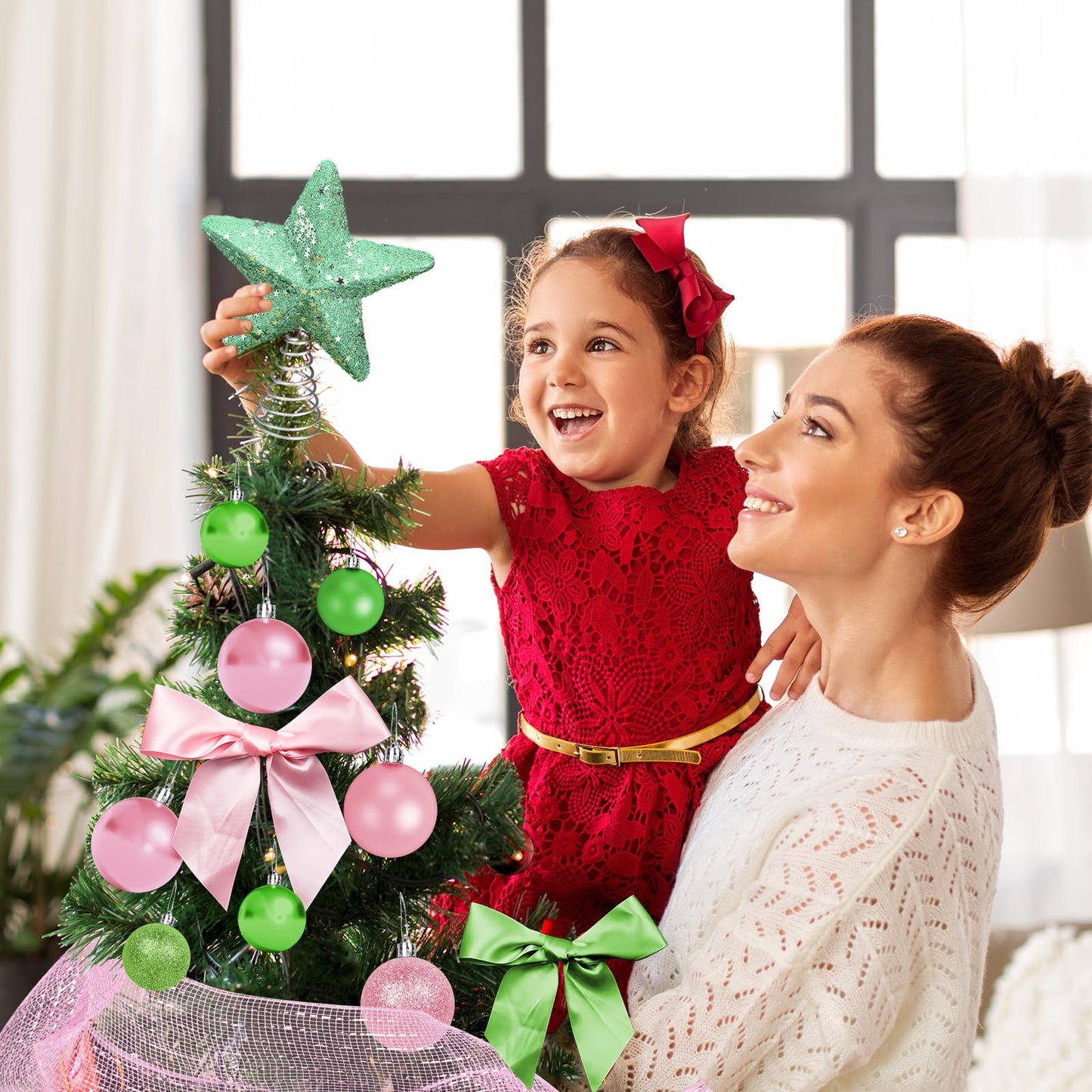 Cinrobiye Christmas Tree Decoration Set Including 48 Christmas Ornaments Balls,12 Bows,Tree Topper,Tree Skirt,Mesh Ribbon for Xmas Trees Holiday Party Garland Indoor DIY (Pink&Green)