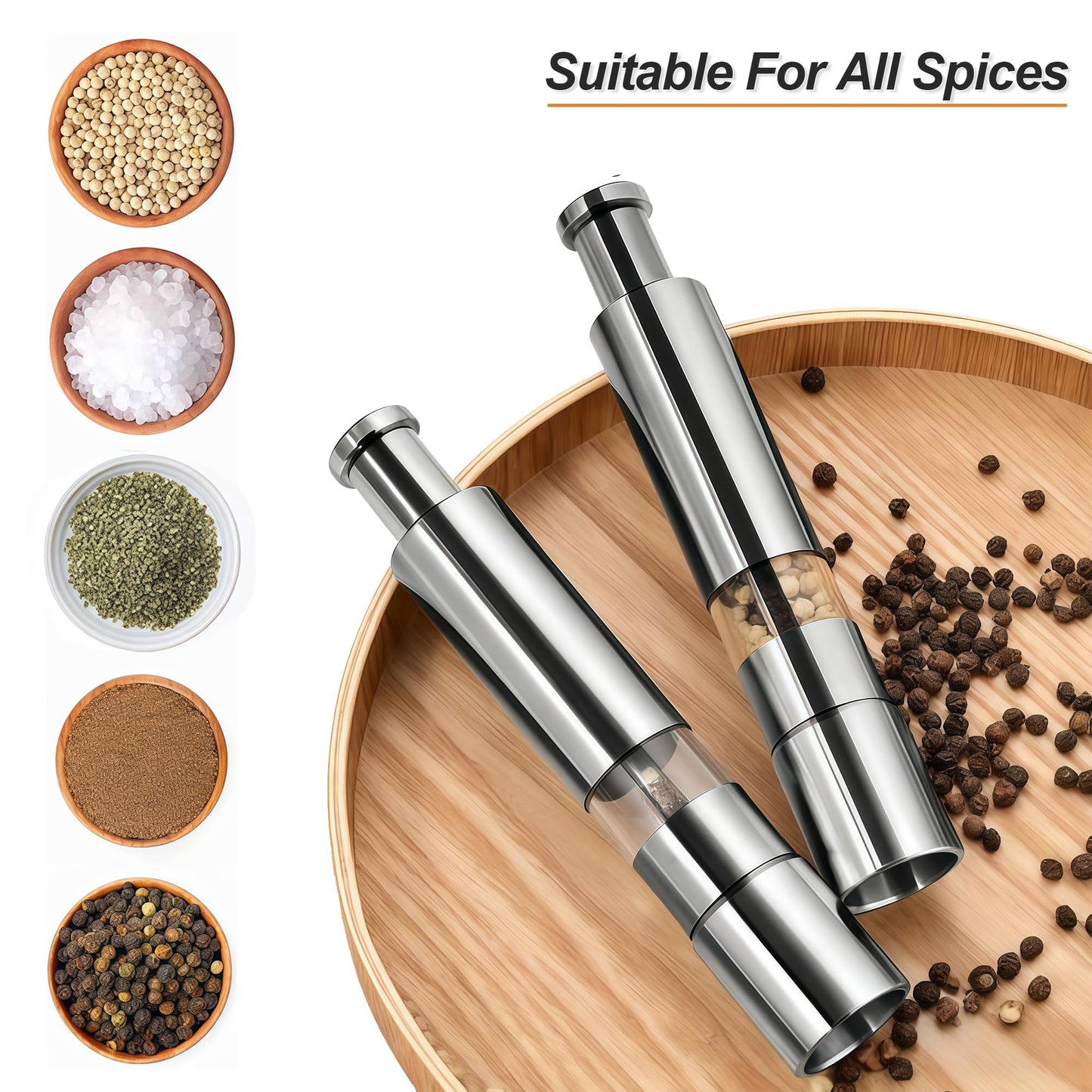Keeshibao 2-PCS Stainless Steel Pepper Grinder, Salt and Pepper Grinder Set，Manual Push Button Black Pepper Grinder, Small Salt Grinder Refillable for Salt Spices,use for Kitchen Travel Camping