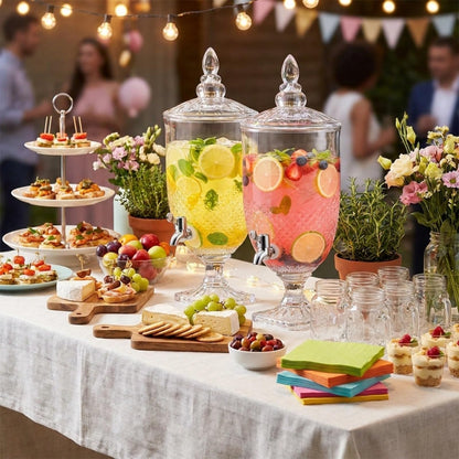Bokon 2 Pieces 1.3 Gallon Drink Dispensers for Parties Crystal Iced Beverage Dispenser with Stand and Spigot, Glass Liquid Containers Wide Mouth Beverage Server for Juice Tea Wedding(Exquisite)