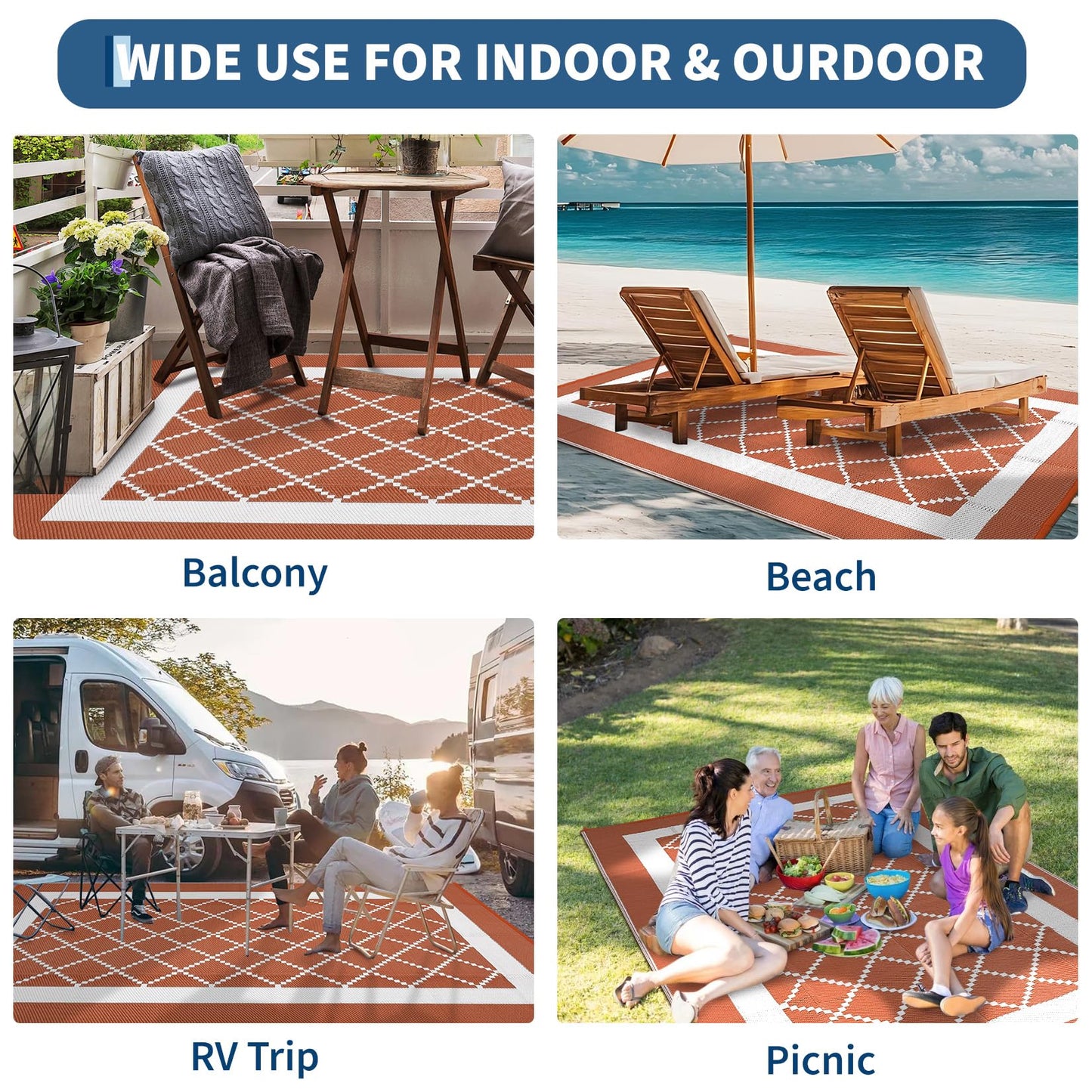 MilleLoom Patio Modern Geometric Outdoor Rug 10x14 Waterproof Large Reversible Camping Mat Foldable Lightweight Plastic Straw Outdoor Rug for Deck, Picnic, Porch, Camper, Balcony, Beach, Rv，Orange