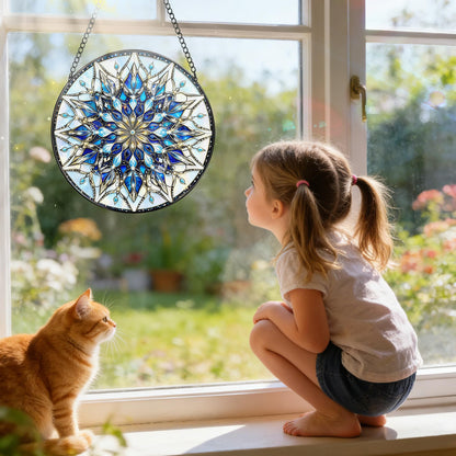 Stained Glass Window Hanging, 7.8 Inch Mandala Snowflake Christmas Suncatcher, Holiday Window Hanging Decor, Stained Glass Ornaments for Windows, Doors & Home Decor, Gifts for Christmas