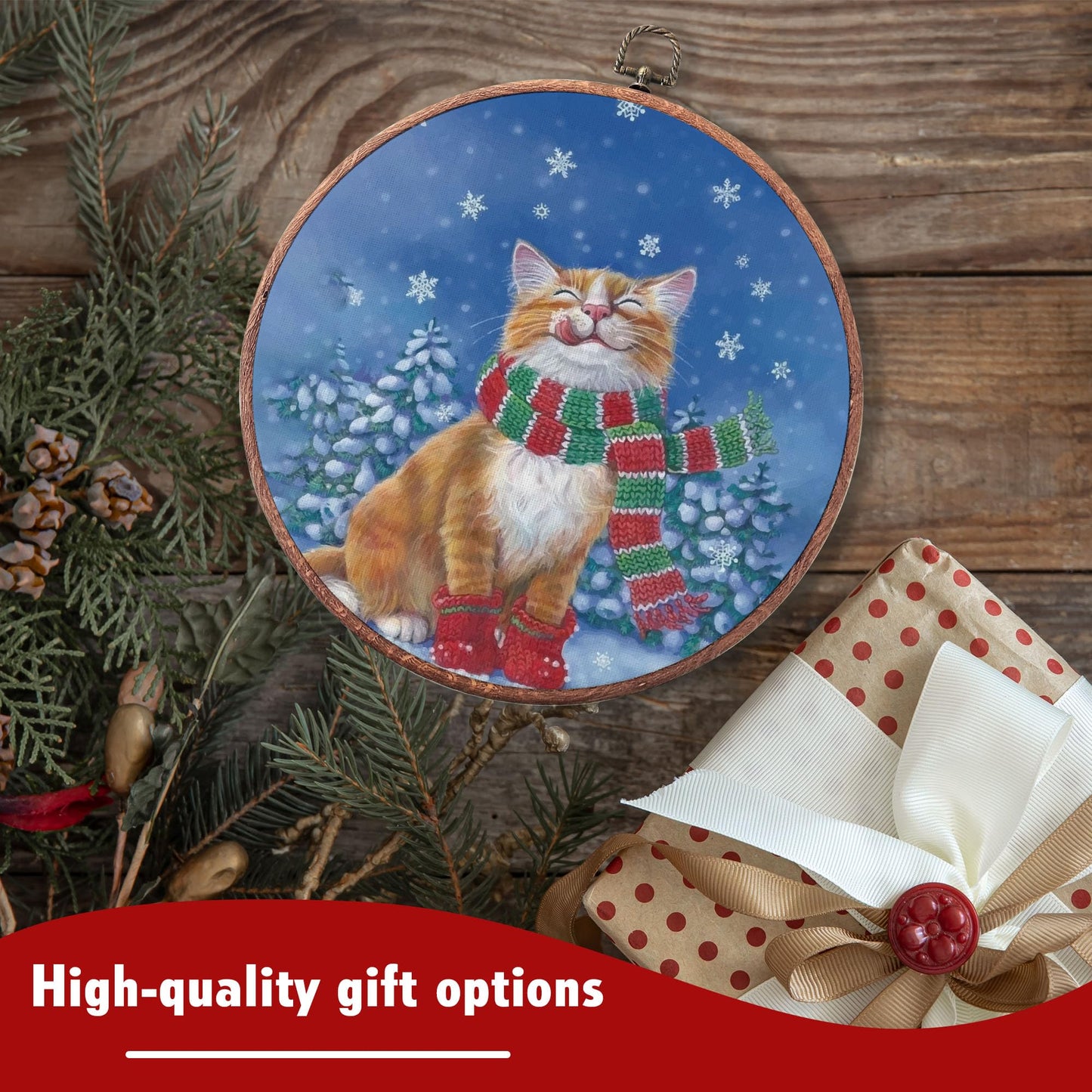 heiyihe Winter Round Cat Canvas Hanging Prints, 10x10 Inches Round Christmas Canvas Frame Wall Art Decor, Christmas Embroidery Kit Decor for Home Living Room, Gift Ideas for Family Friends-A11