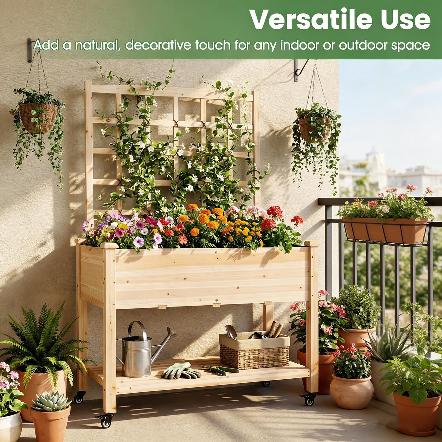 COSTWAY Wooden Raised Garden Bed with Trellis, Mobile Elevated Planter on Wheels, 285 lbs Capacity with Liner & Drainage Holes, Freestanding Outdoor Box for Climbing Plants, Vegetables, & Herbs