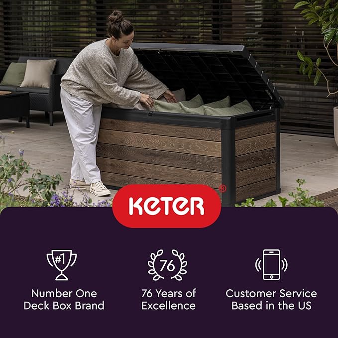 Keter Marvel Plus 71 Gallon Resin Outdoor Storage Box for Patio, Balcony & Garden – Weather‑Resistant Deck Box for Cushions, Pillows, Pool Floats & Tools, Dark Grey