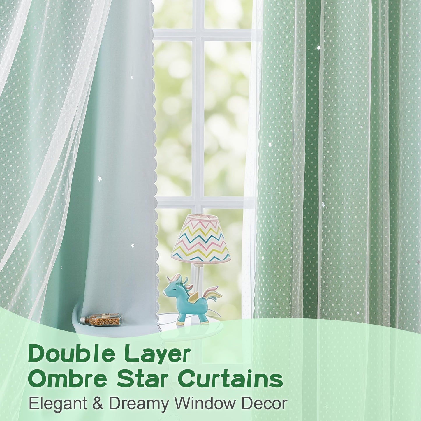 MYSKY HOME Kids Green Blackout Curtains for Boys Bedroom Decor Living Room, Hollow-Out Stars Thermal Insulated Grommet Ombre Curtain for Nursery Room, W34 X L90 Inches Long, 2 Panels