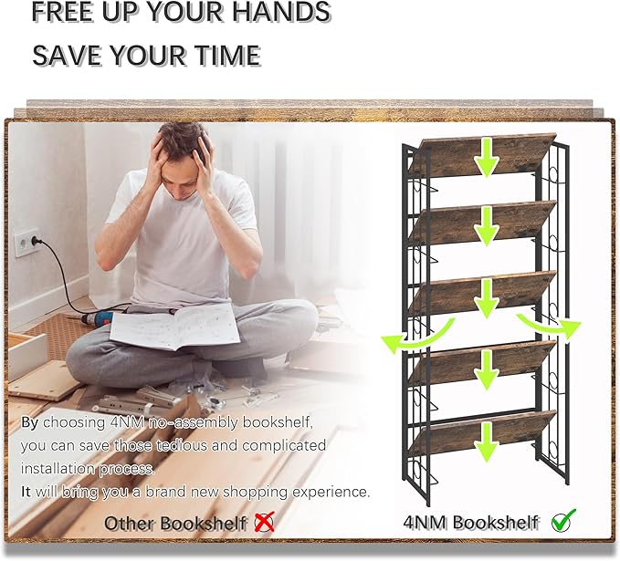 4NM No Assembly 5 Tiers Folding Bookshelf, 59.4" H Foldable Storage Shelves